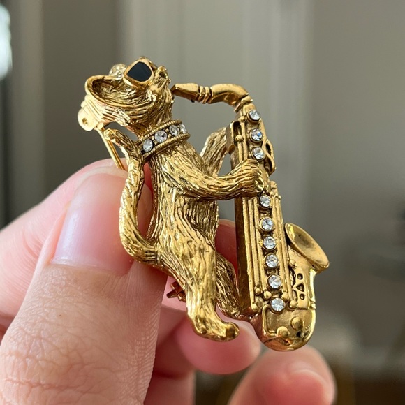 1928 “Cool Cat The Jazz Meo-sician Pin” Sunglasses Saxophone Kitten Gold Brooch - Picture 6 of 12